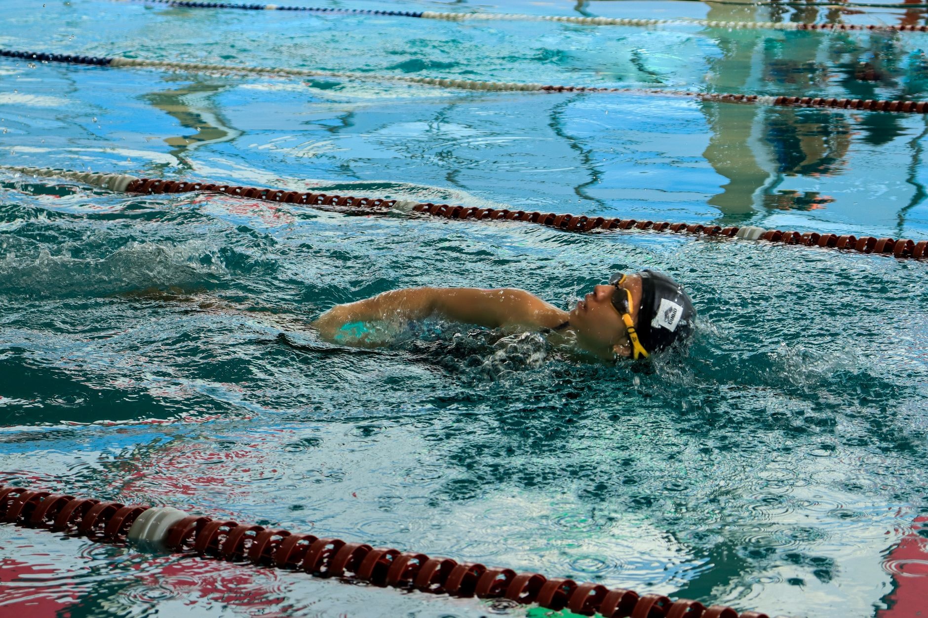 A swimmer practicing freestyle strokes in an indoor pool, focusing on technique.